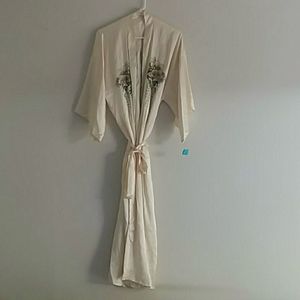 Vtg Silk Robe Embroidered Floral Crane Cream Maxi waist Tie Front M